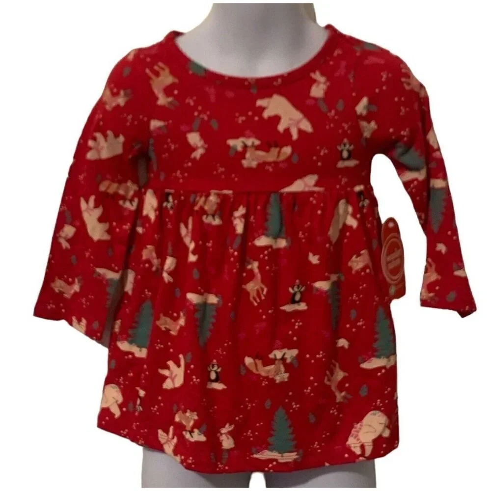 Wonder Nation Girls Winter Animals Knit Dress Size 12M Red Pockets